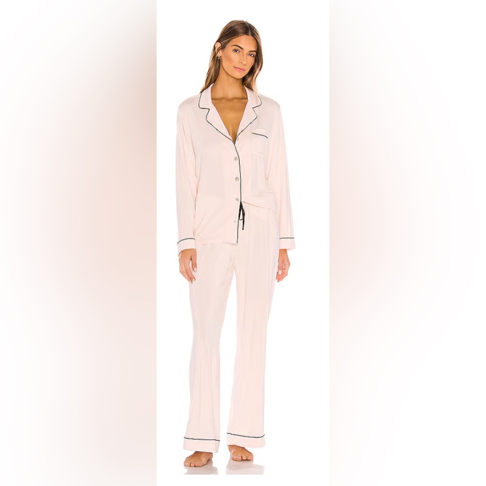 Born Pajamas PJ Top & Bottoms Set Soft Pink & Black Trim Button-Up Size Large